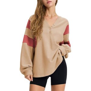 Oversized V Neck Henley Shirt